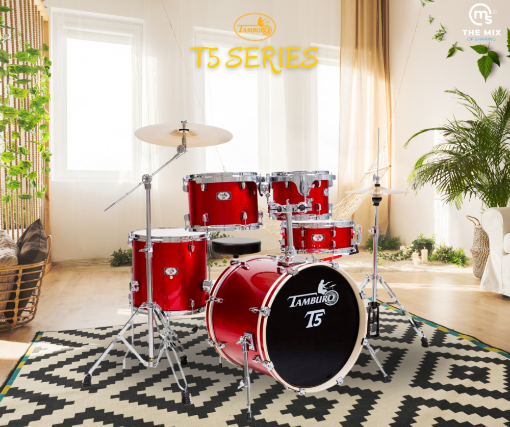 Tamburo TB T5S18BRDSK T5 Series Complete Drum Set with Hardware Included (5-piece shell pack with Snare Drum and 18" Bass Drum) - Bright Red Sparkle - Image 3